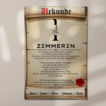 Ausbildungsabschluss Geschenk Zimmerin Urkunde Magnet Wandbild Fotoboard