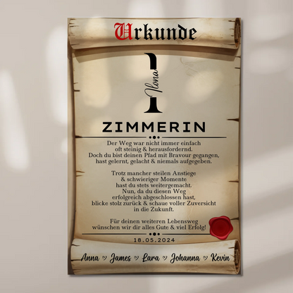 Ausbildungsabschluss Geschenk Zimmerin Urkunde Magnet Wandbild Fotoboard