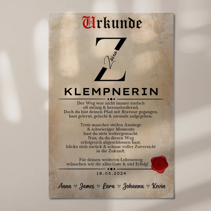 Geschenk Zum Abschluss Ausbildung Klempnerin Urkunde Magnet Fotoboard