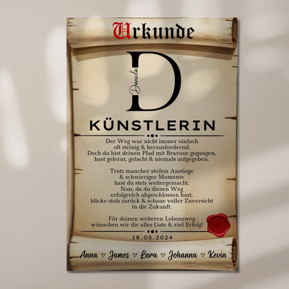 Geschenk Abschluss Ausbildung Künstlerin Urkunde Fotoboard Magnetisch