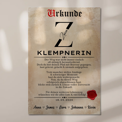 Geschenk Zum Abschluss Ausbildung Klempnerin Urkunde Magnet Fotoboard