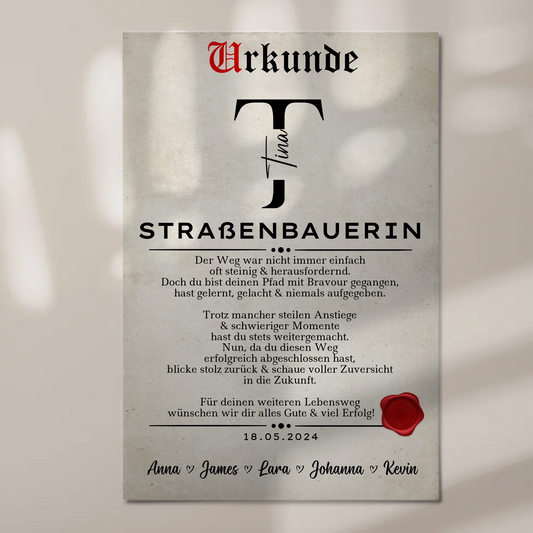 Geschenk Abschluss Ausbildung Straßenbauerin Urkunde Fotoboard Magnet Wandbild 1