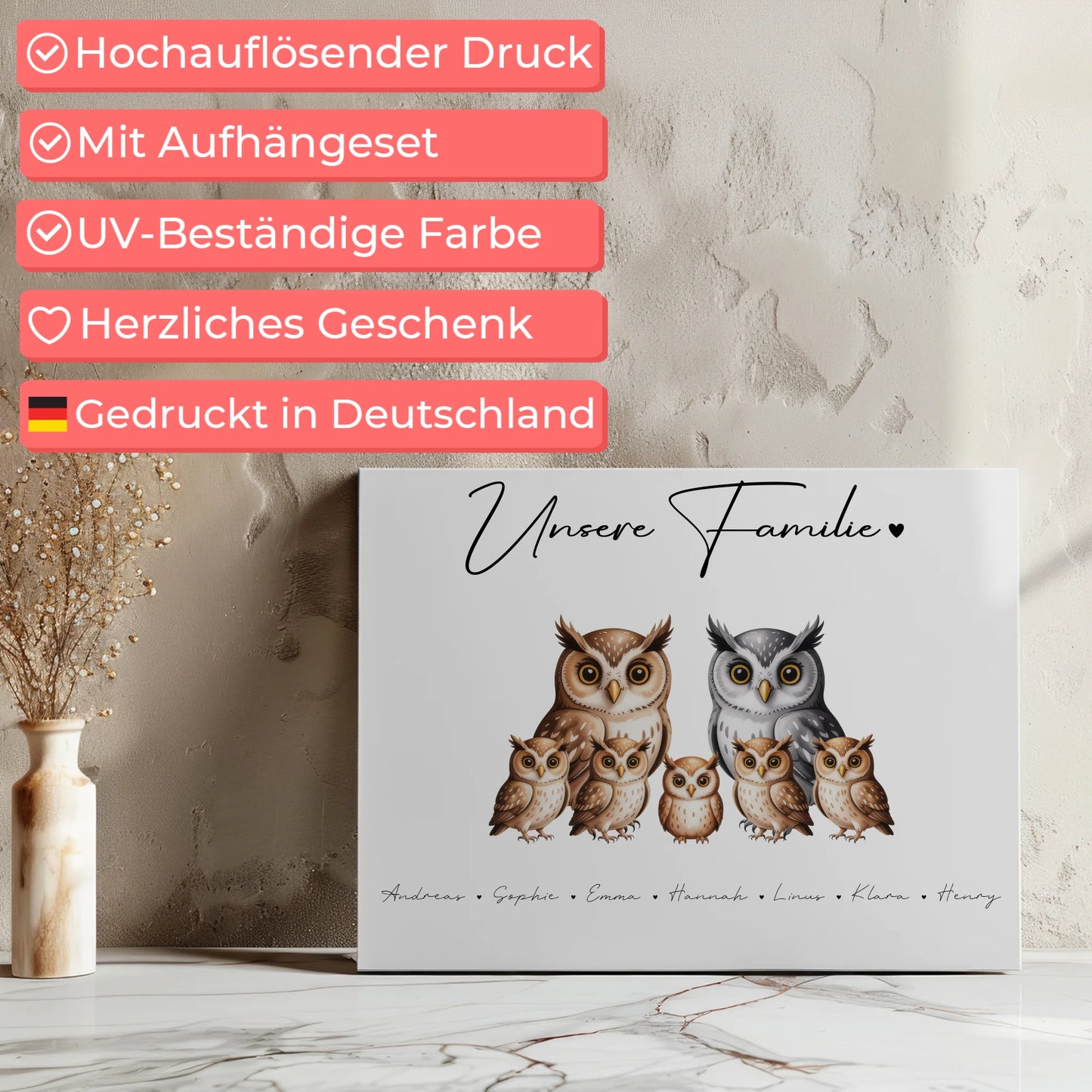 Leinwand Familie Eulen Familienporträt Geschenk für Mama Papa Oma Opa 7