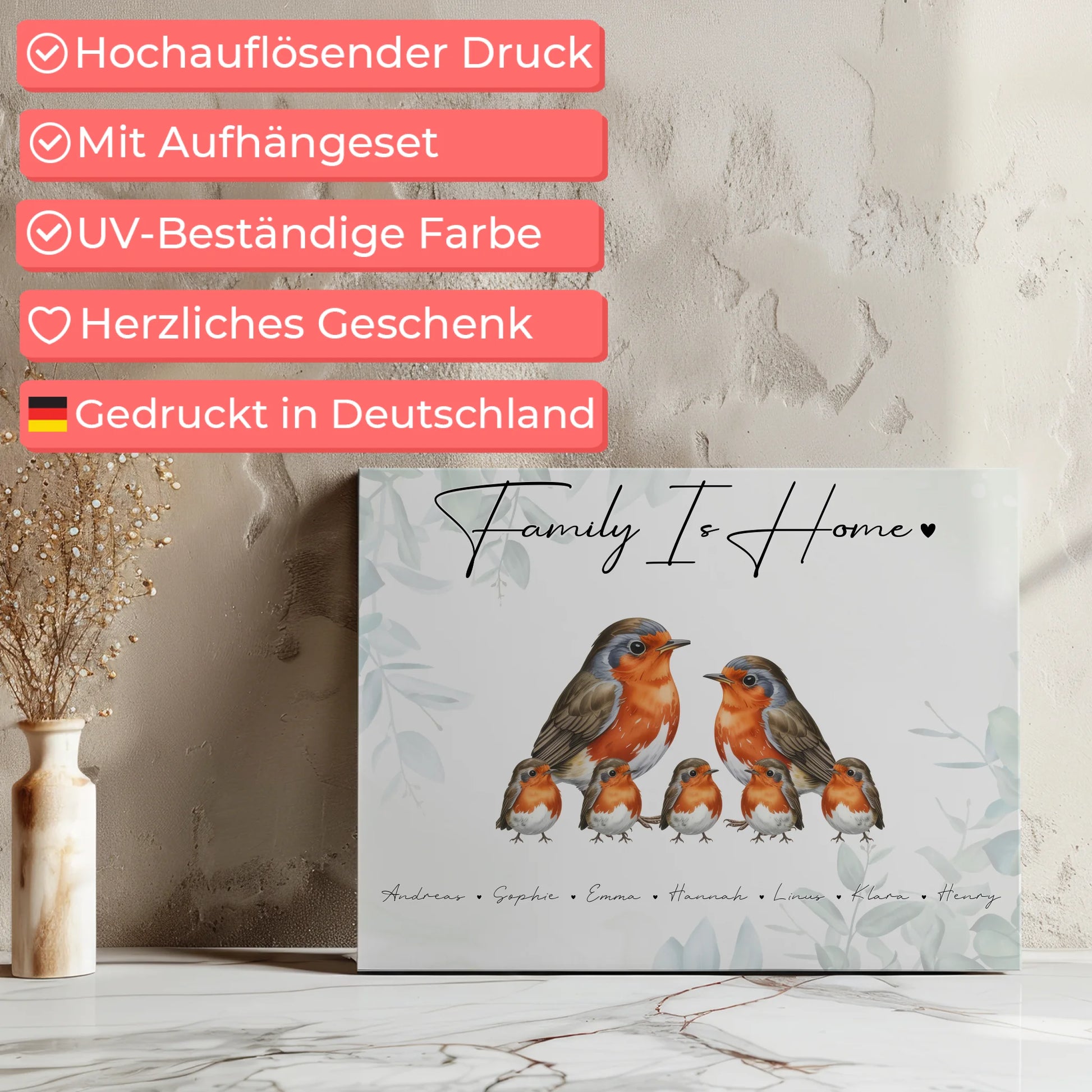 Personalisierte Familien Leinwand Rotkehlchen Familienporträt Geschenk für Mama Papa Oma Opa 7
