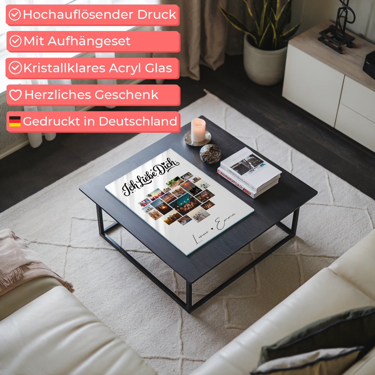 Personalisierte Acrylglas Bild Fotocollage mit 19 Herz Fotos Ich liebe Dich Geschenk