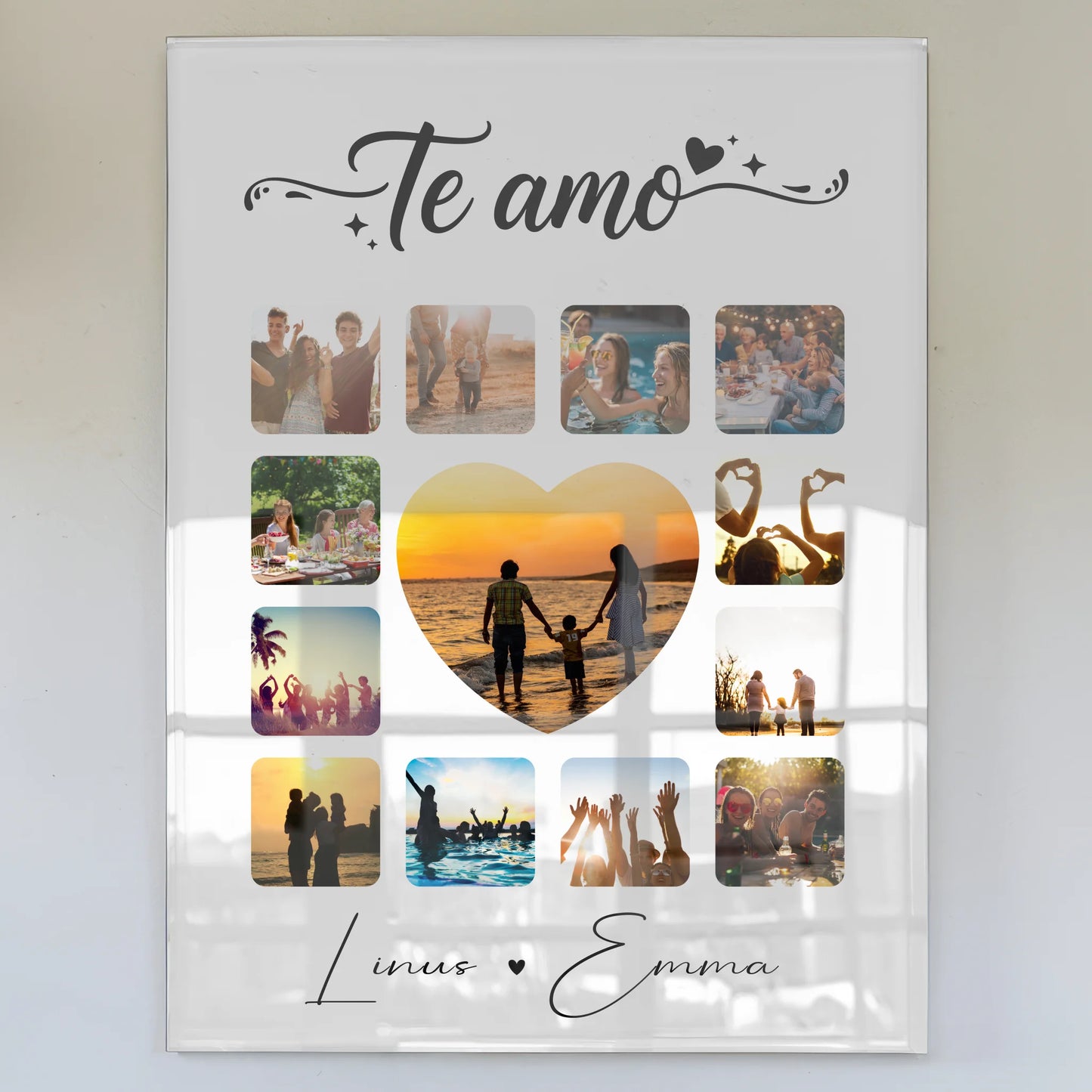 Personalisierte Foto Acrylglas für Paare mit 13 Fotos Te amo Liebe auf Spanisch Geschenk