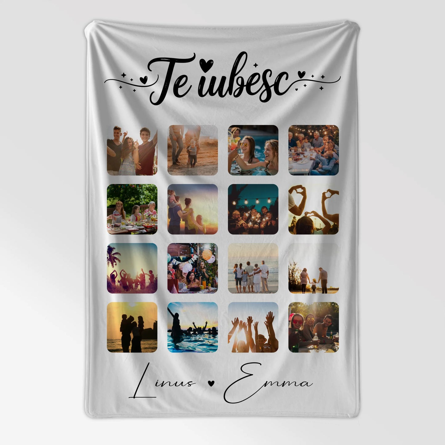 Personalisierte Namensdecke mit Fotocollage für Paare 16 Fotos Te iubesc Liebe auf Rumänisch Geschenk 7