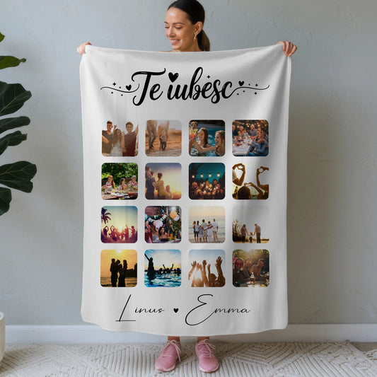 Personalisierte Namensdecke mit Fotocollage für Paare 16 Fotos Te iubesc Liebe auf Rumänisch Geschenk 1