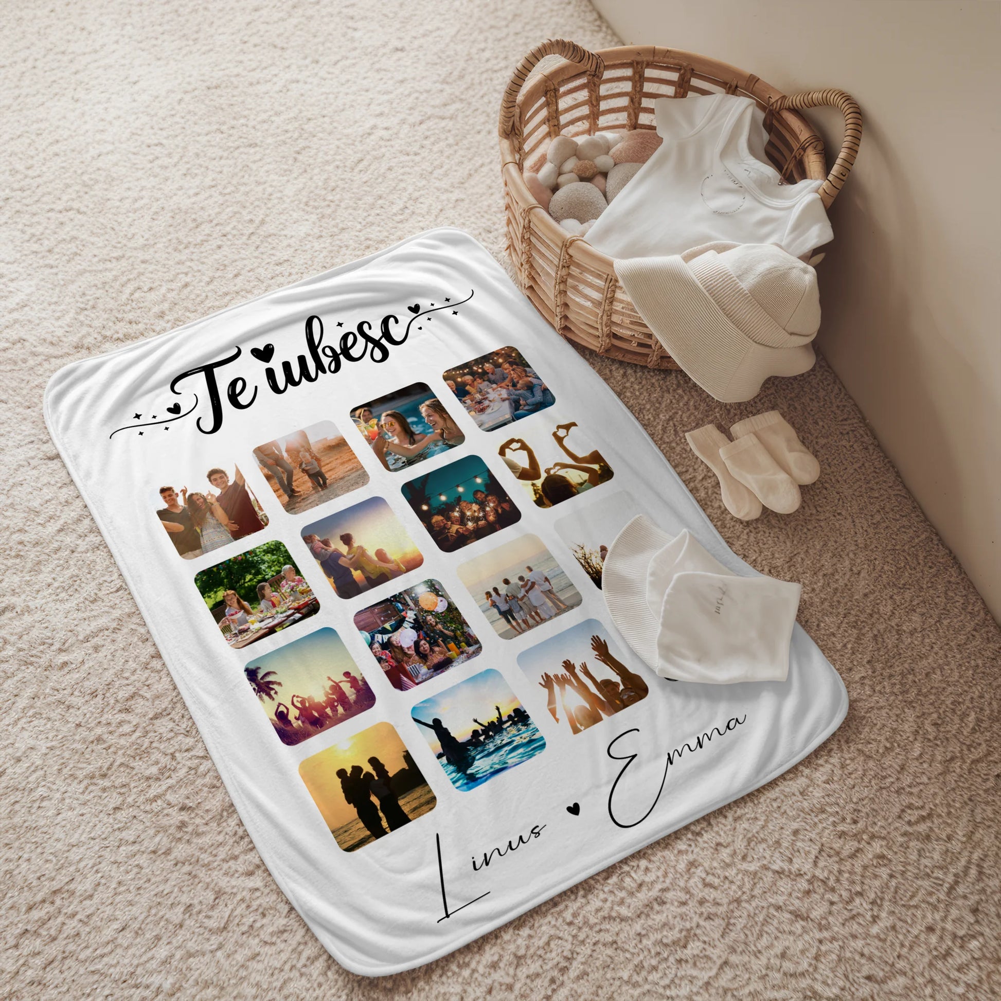 Personalisierte Namensdecke mit Fotocollage für Paare 16 Fotos Te iubesc Liebe auf Rumänisch Geschenk 2