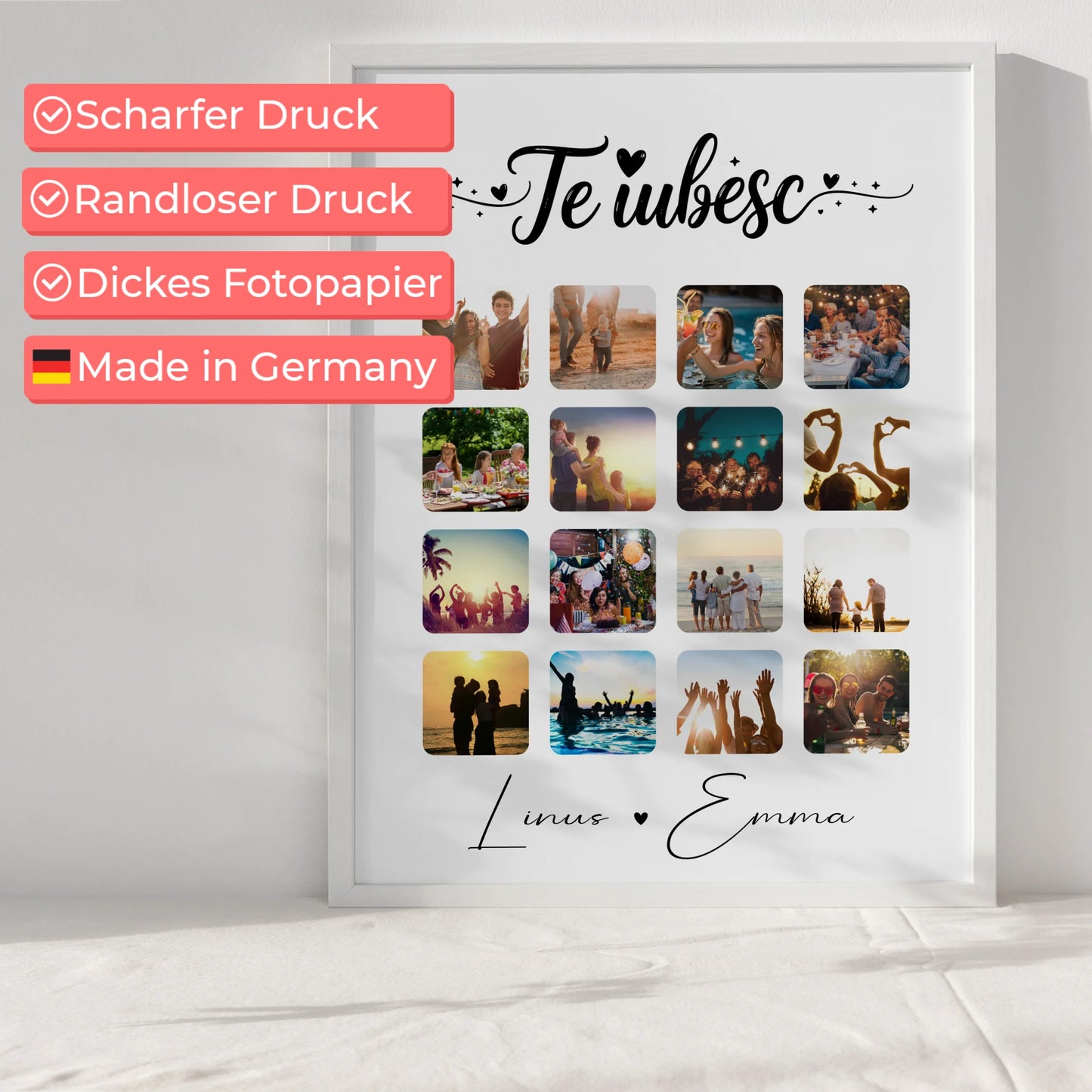 Pärchenposter Personalisiert Fotocollage für Paare 16 Fotos Te iubesc Liebe auf Rumänisch