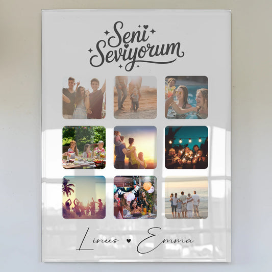 Personalisierte Acrylglas Mit Foto Paar Fotocollage 9 Fotos Seni Seviyorum Liebe auf Türkisch Geschenk
