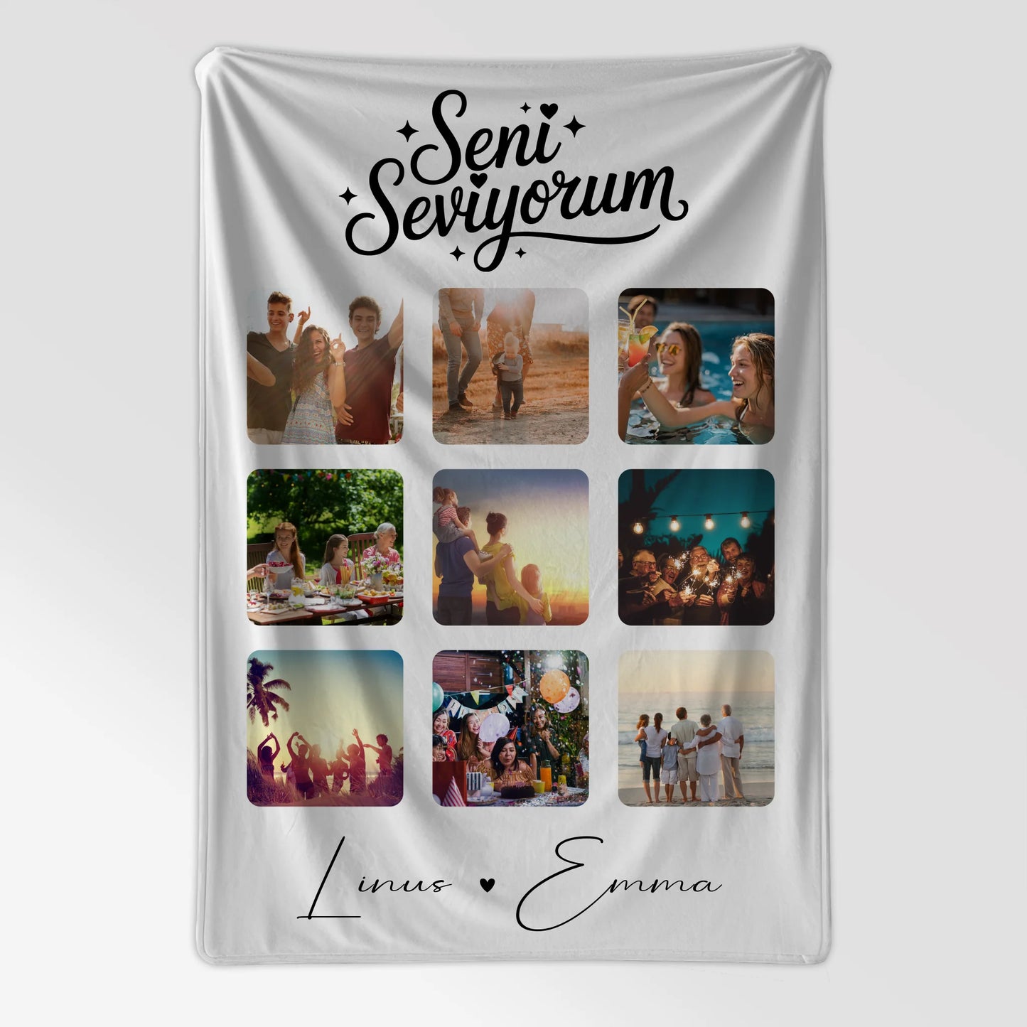 Personalisierte Decke Mit Namen und Paar Fotocollage 9 Fotos Seni Seviyorum Liebe auf Türkisch Geschenk 7