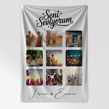 Personalisierte Decke Mit Namen und Paar Fotocollage 9 Fotos Seni Seviyorum Liebe auf Türkisch Geschenk 7