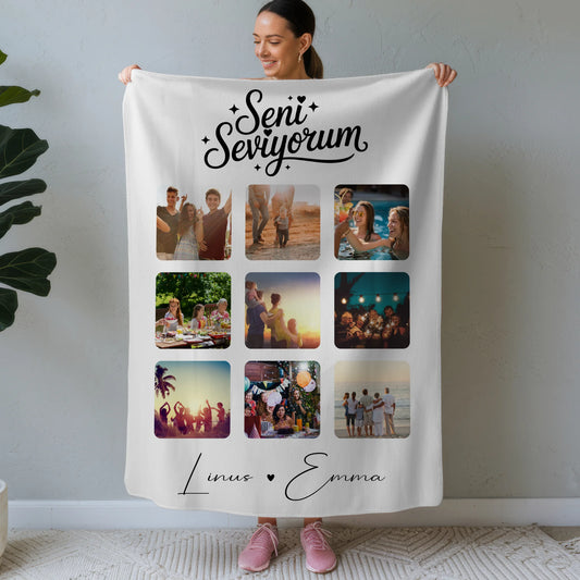 Personalisierte Decke Mit Namen und Paar Fotocollage 9 Fotos Seni Seviyorum Liebe auf Türkisch Geschenk 1