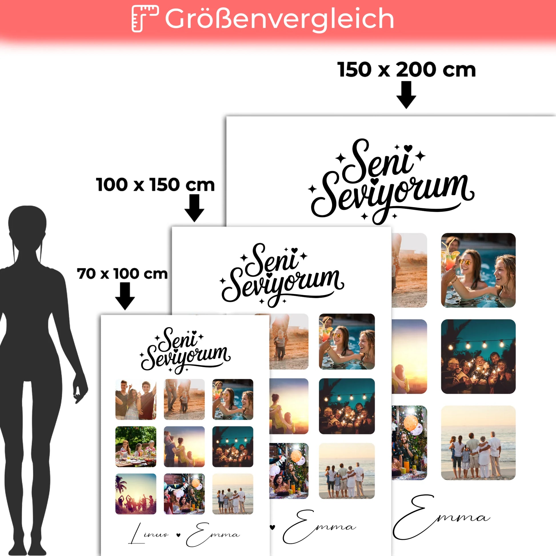 Personalisierte Decke Mit Namen und Paar Fotocollage 9 Fotos Seni Seviyorum Liebe auf Türkisch Geschenk 5