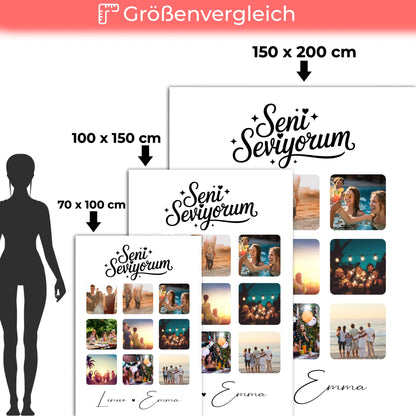 Personalisierte Decke Mit Namen und Paar Fotocollage 9 Fotos Seni Seviyorum Liebe auf Türkisch Geschenk 5