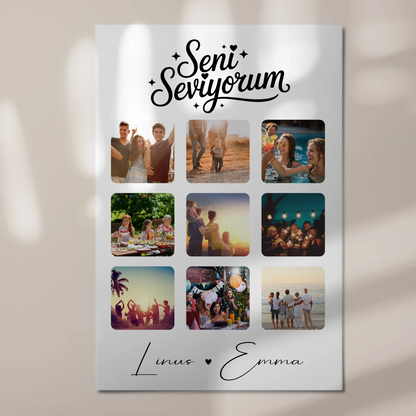 Fotoboard Magnet Poster Paar Fotocollage 9 Fotos Seni seviyorum Liebe auf Türkisch Geschenk personalisiert 1