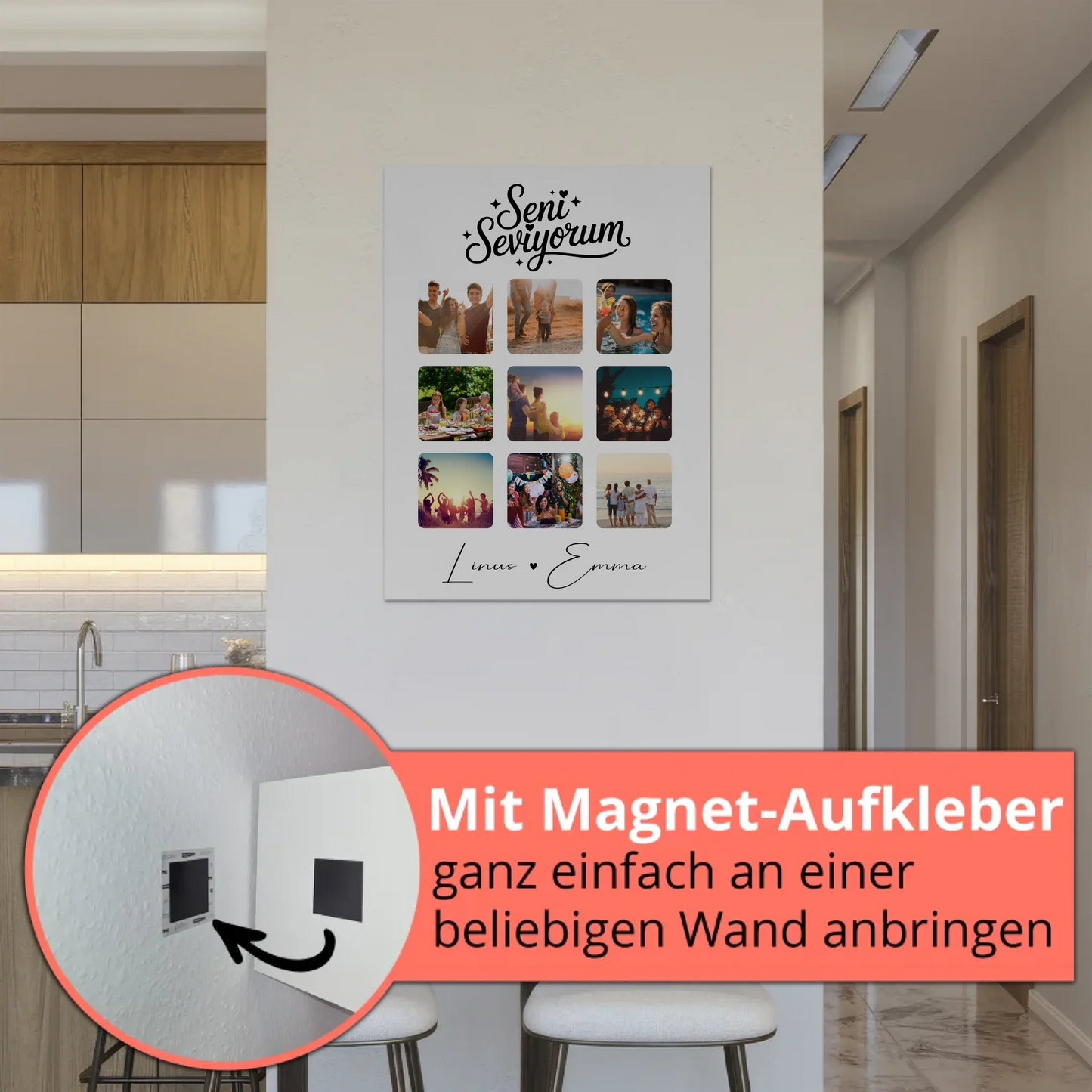Fotoboard Magnet Poster Paar Fotocollage 9 Fotos Seni seviyorum Liebe auf Türkisch Geschenk personalisiert