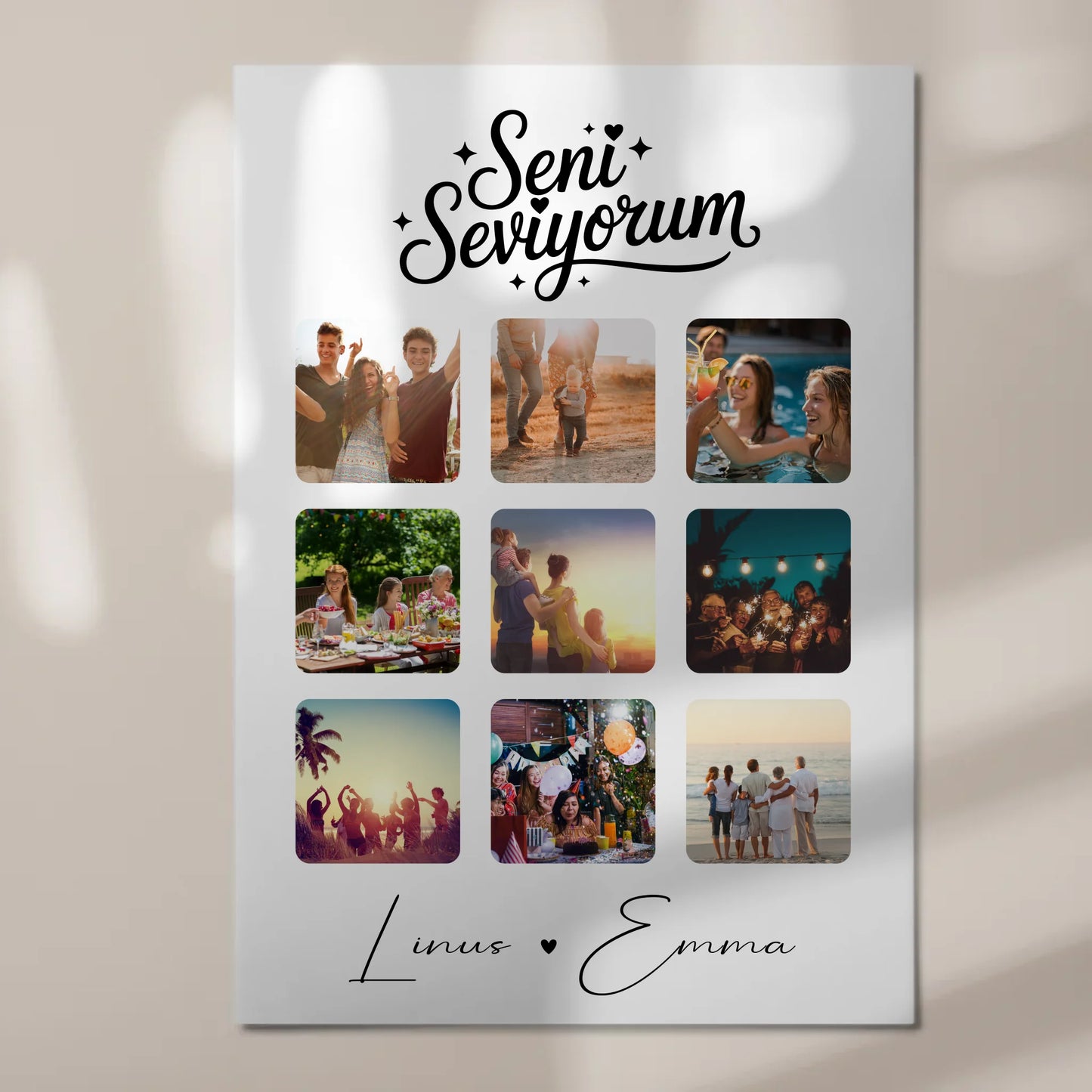 Fotoboard Magnet Poster Paar Fotocollage 9 Fotos Seni seviyorum Liebe auf Türkisch Geschenk personalisiert