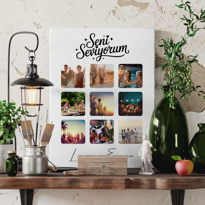 Personalisierte Paar Leinwand mit 9 Fotos und Paar Fotocollage Seni Seviyorum Liebe auf Türkisch Geschenk 3