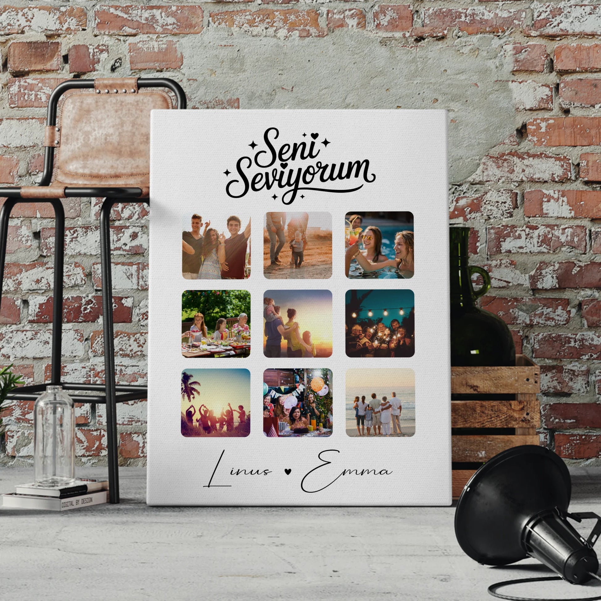 Personalisierte Paar Leinwand mit 9 Fotos und Paar Fotocollage Seni Seviyorum Liebe auf Türkisch Geschenk 4