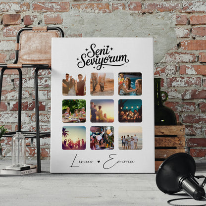 Personalisierte Paar Leinwand mit 9 Fotos und Paar Fotocollage Seni Seviyorum Liebe auf Türkisch Geschenk 4