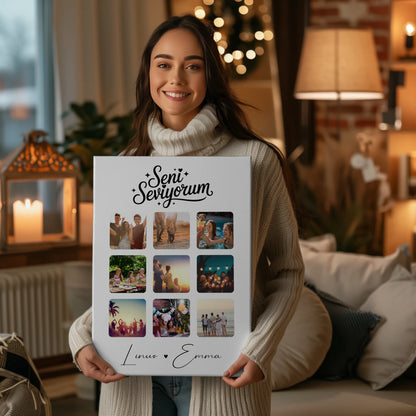 Personalisierte Paar Leinwand mit 9 Fotos und Paar Fotocollage Seni Seviyorum Liebe auf Türkisch Geschenk 2