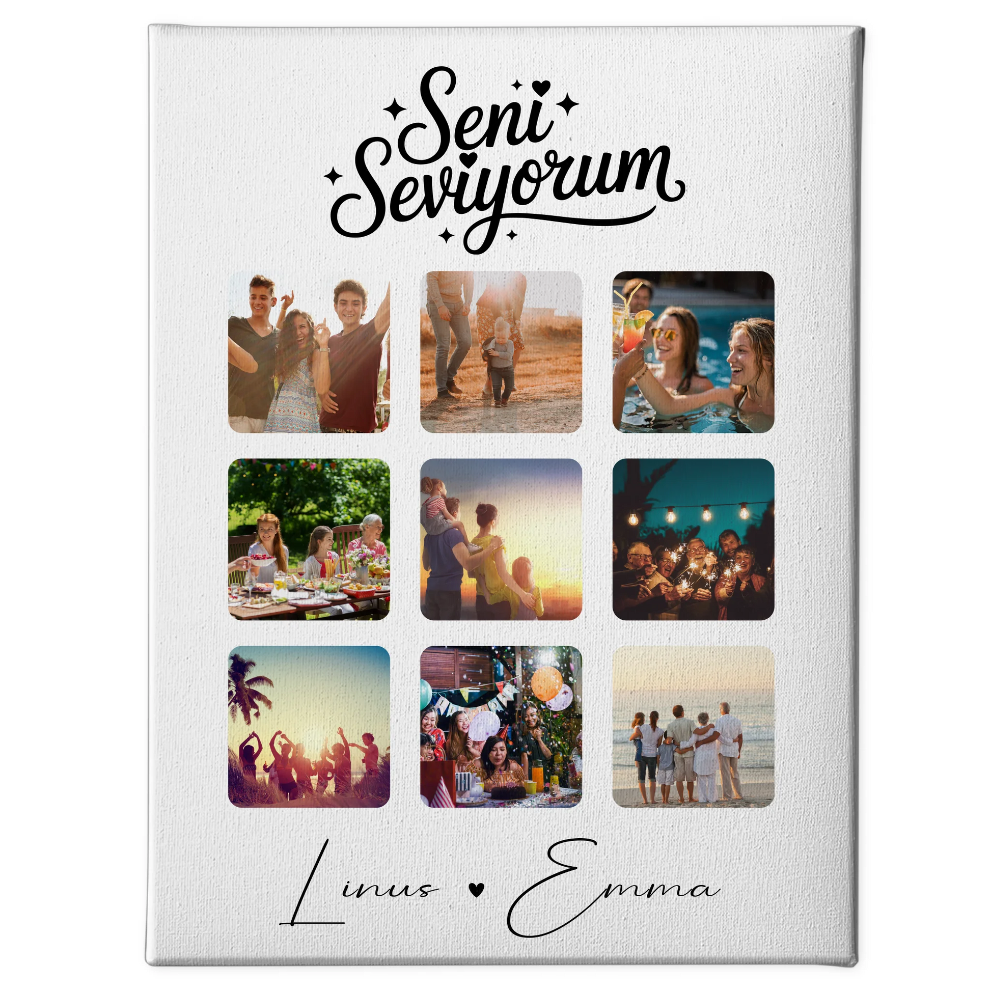Personalisierte Paar Leinwand mit 9 Fotos und Paar Fotocollage Seni Seviyorum Liebe auf Türkisch Geschenk 1