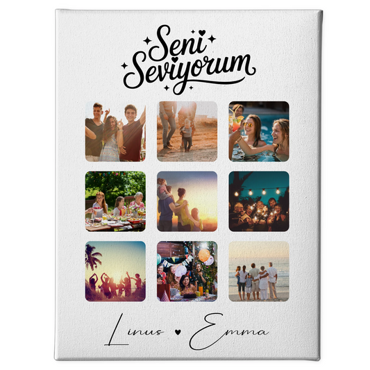 Personalisierte Paar Leinwand mit 9 Fotos und Paar Fotocollage Seni Seviyorum Liebe auf Türkisch Geschenk 1