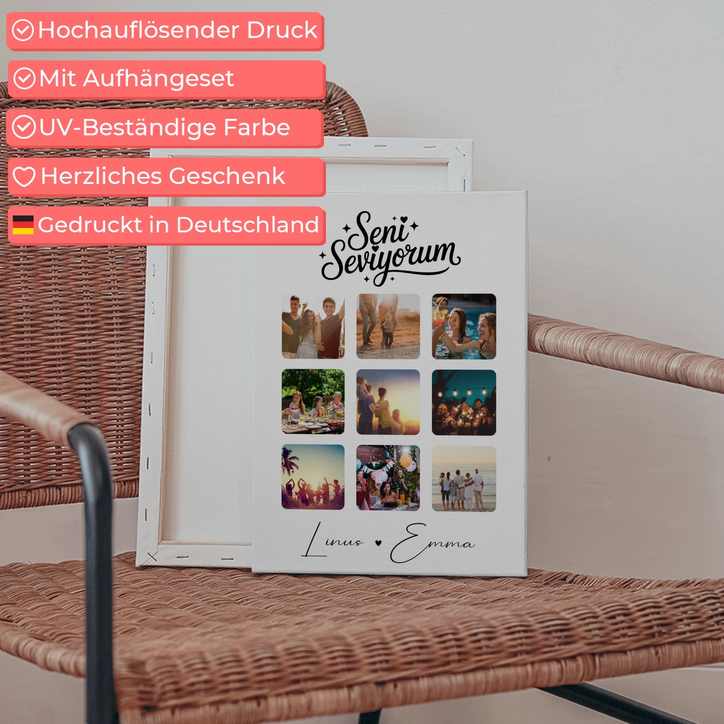 Personalisierte Paar Leinwand mit 9 Fotos und Paar Fotocollage Seni Seviyorum Liebe auf Türkisch Geschenk 5