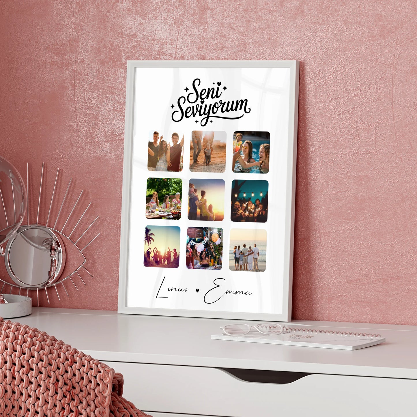 Liebesposter Paar Fotocollage für 9 Fotos als Geschenk mit Seni seviyorum Liebe auf Türkisch
