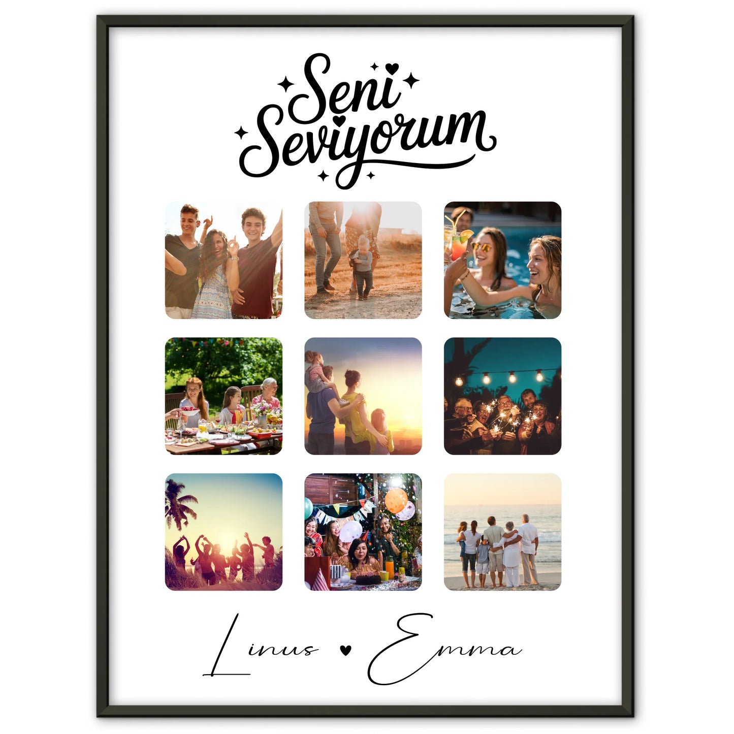 Liebesposter Paar Fotocollage für 9 Fotos als Geschenk mit Seni seviyorum Liebe auf Türkisch