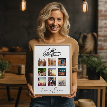 Liebesposter Paar Fotocollage für 9 Fotos als Geschenk mit Seni seviyorum Liebe auf Türkisch