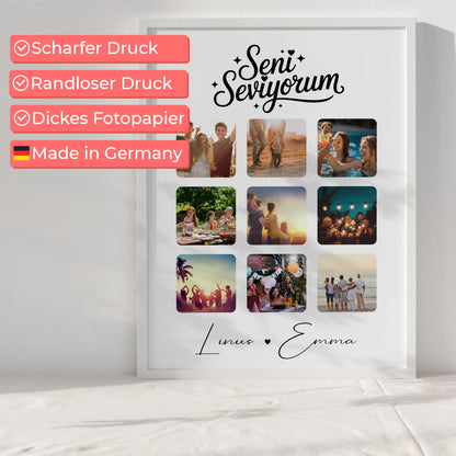 Liebesposter Paar Fotocollage für 9 Fotos als Geschenk mit Seni seviyorum Liebe auf Türkisch