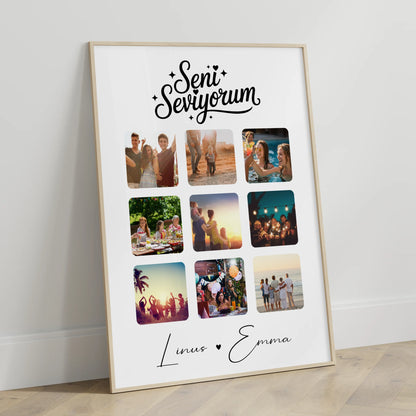 Liebesposter Paar Fotocollage für 9 Fotos als Geschenk mit Seni seviyorum Liebe auf Türkisch