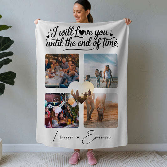 Personalisierte Namensdecke mit Fotocollage Liebe 4 Fotos Until the End of Time Geschenk 1