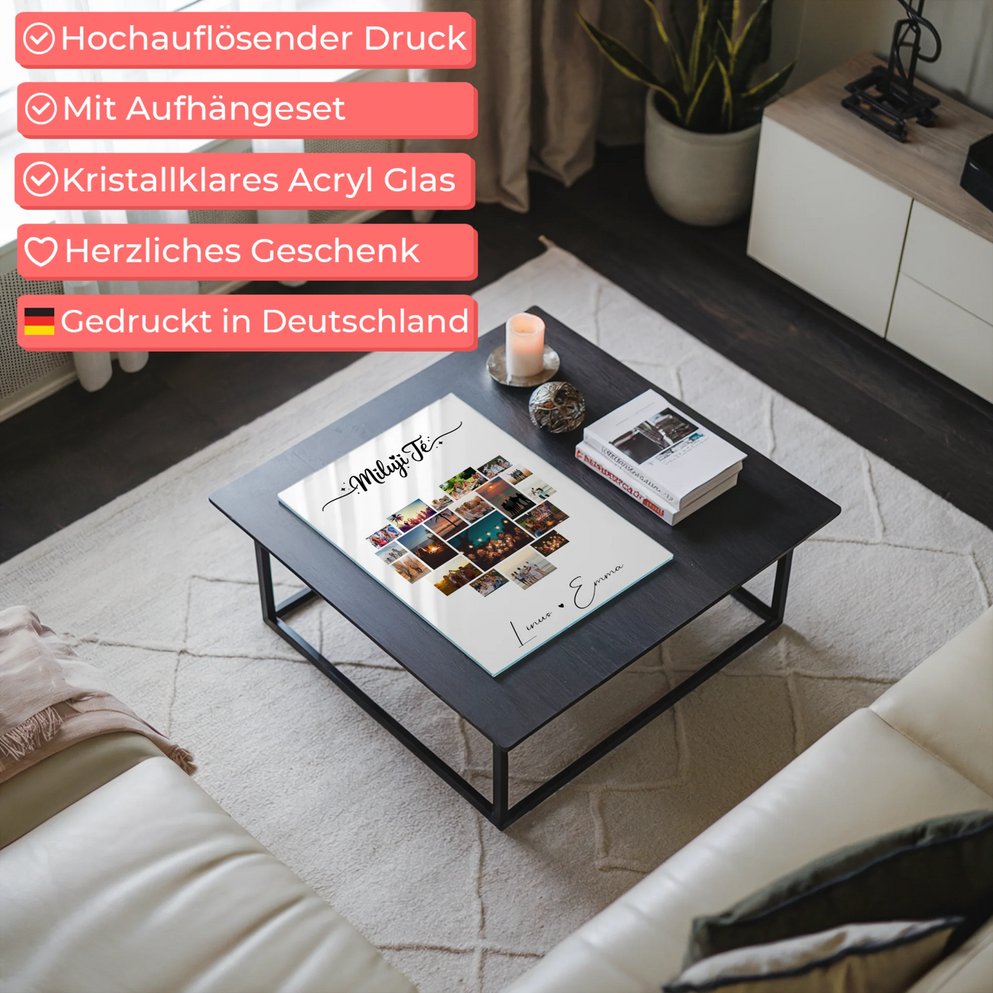 Personalisierte Geschenke Bild Acrylglas Fotocollage 19 Herz Fotos Miluji tě Liebe auf Tschechisch