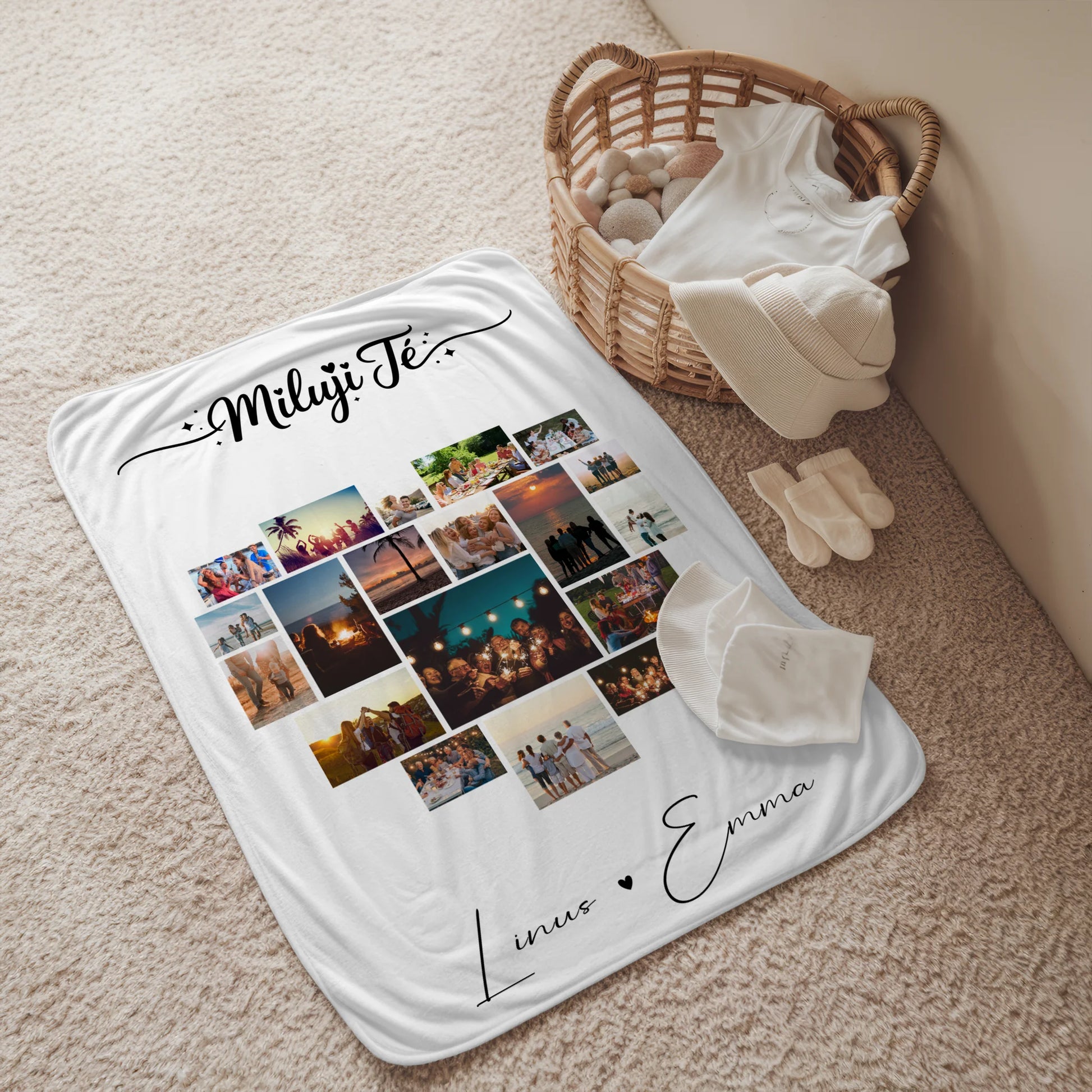 Personalisierte Namensdecke mit Fotocollage 19 Herz Fotos Miluji Tě Liebe auf Tschechisch Geschenk 2