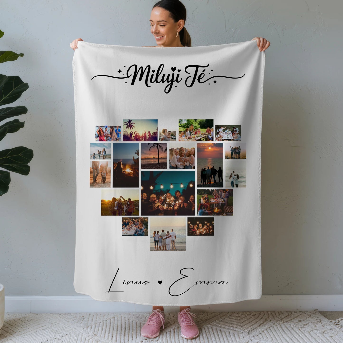 Personalisierte Namensdecke mit Fotocollage 19 Herz Fotos Miluji Tě Liebe auf Tschechisch Geschenk 1
