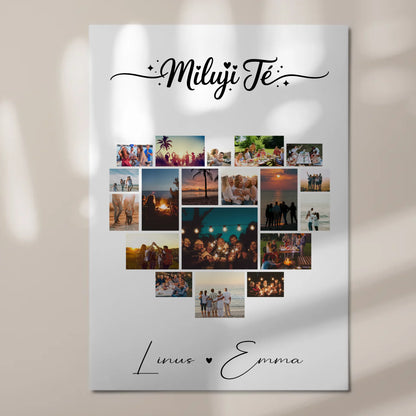 Personalisiertes Fotoboard Magnetisches Wandbild mit 19 Herz Fotos Fotocollage Miluji Tě Liebe auf Tschechisch Geschenk