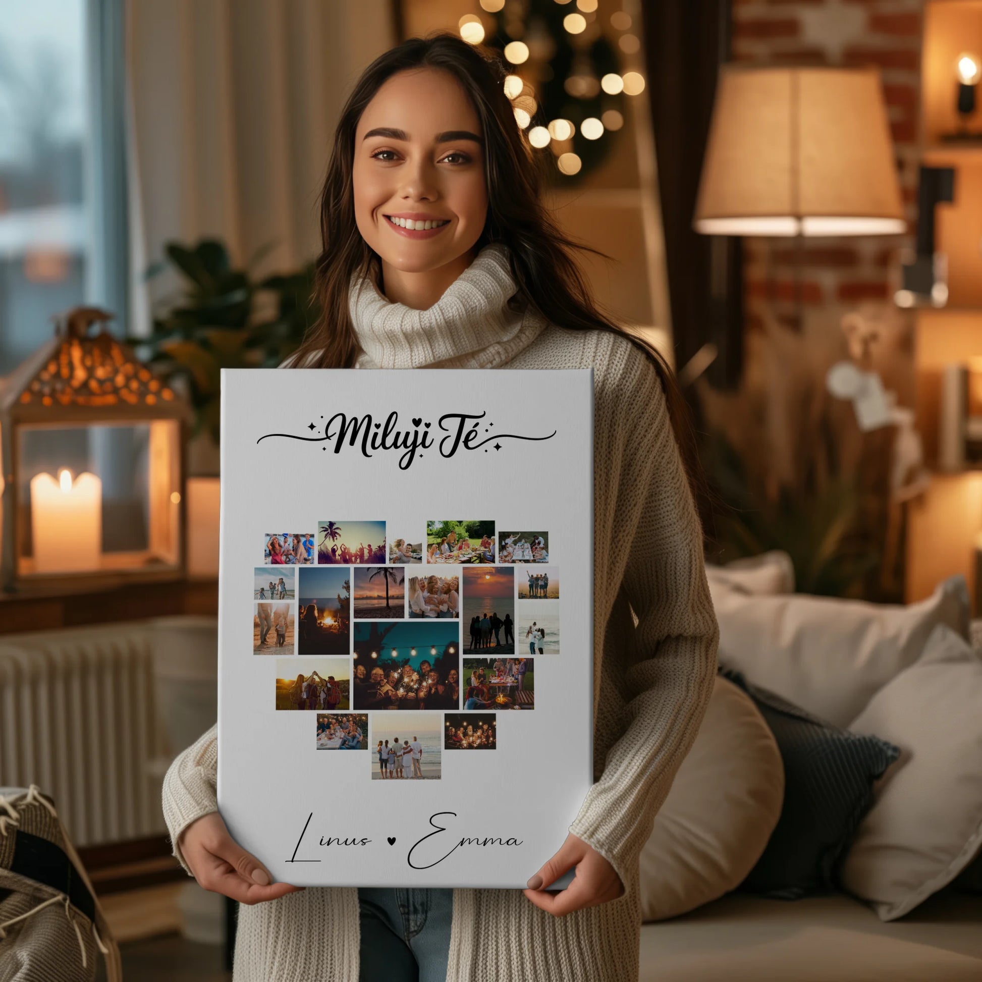 Personalisierte Leinwand Paare mit Fotocollage 19 Herz Fotos Miluji tě Liebe auf Tschechisch Geschenk 2