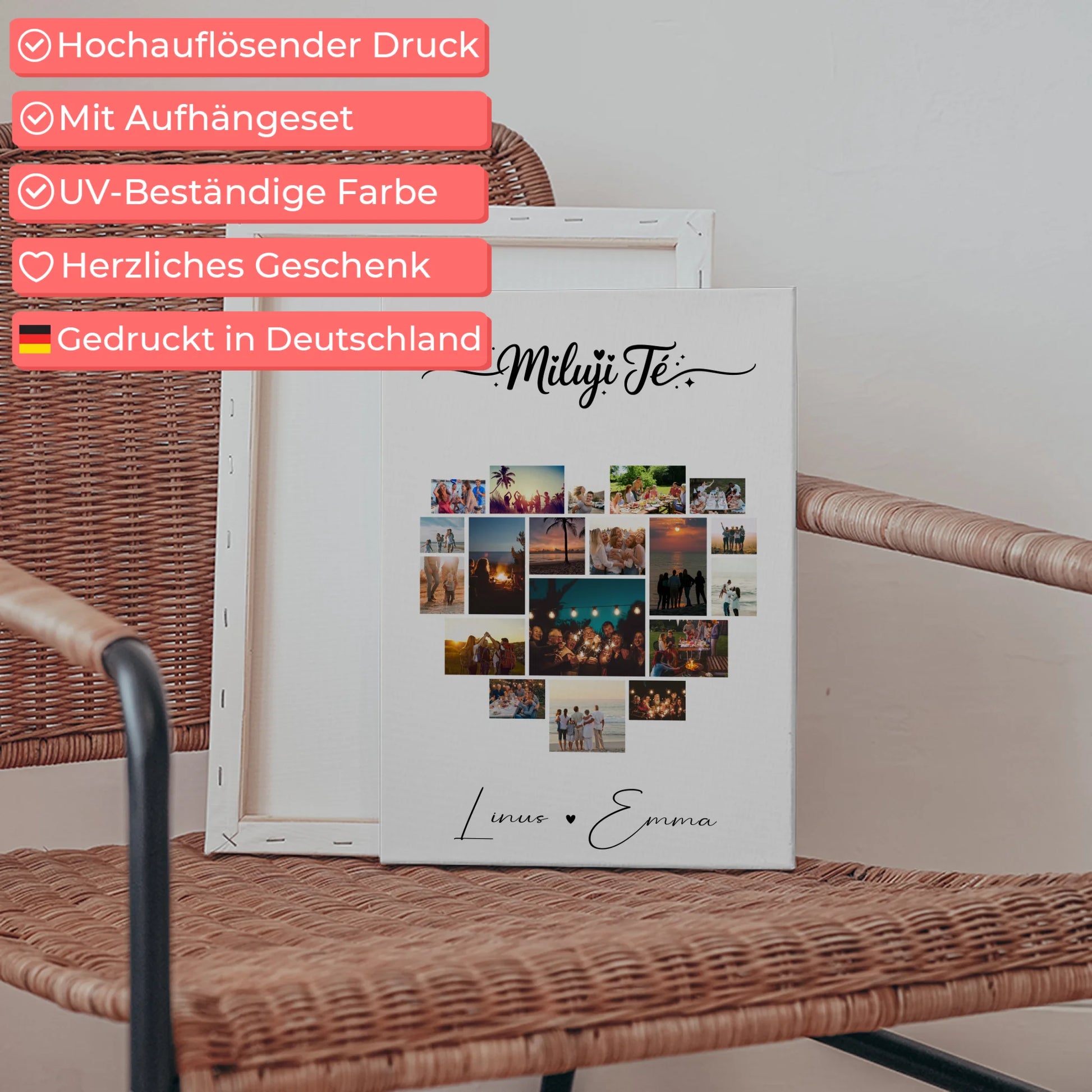 Personalisierte Leinwand Paare mit Fotocollage 19 Herz Fotos Miluji tě Liebe auf Tschechisch Geschenk 5