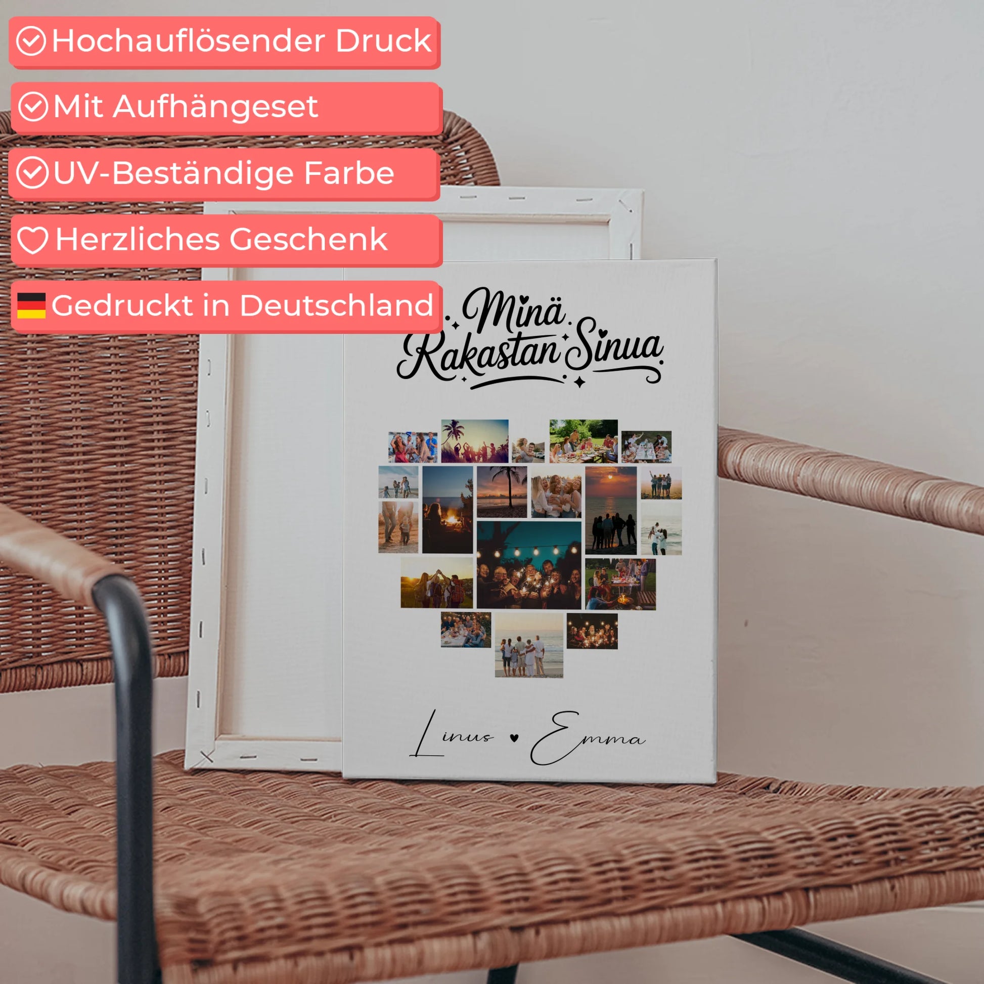 Personalisierte Pärchen Leinwand Für Paare mit 19 Herz Fotos Minä rakastan sinua Liebe auf Finnisch Geschenk 5