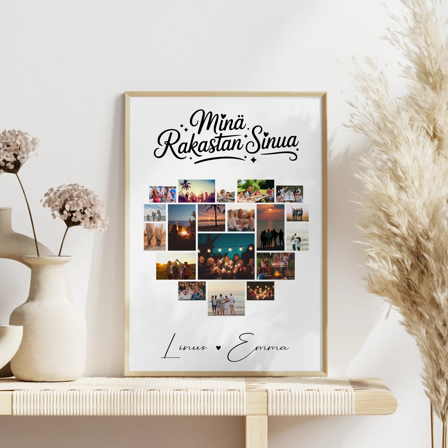 Pärchen Poster Personalisiert für Paare mit 19 Herz Fotos Finnisch