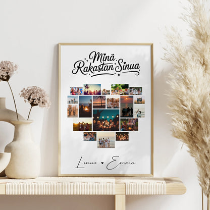 Pärchen Poster Personalisiert für Paare mit 19 Herz Fotos Finnisch