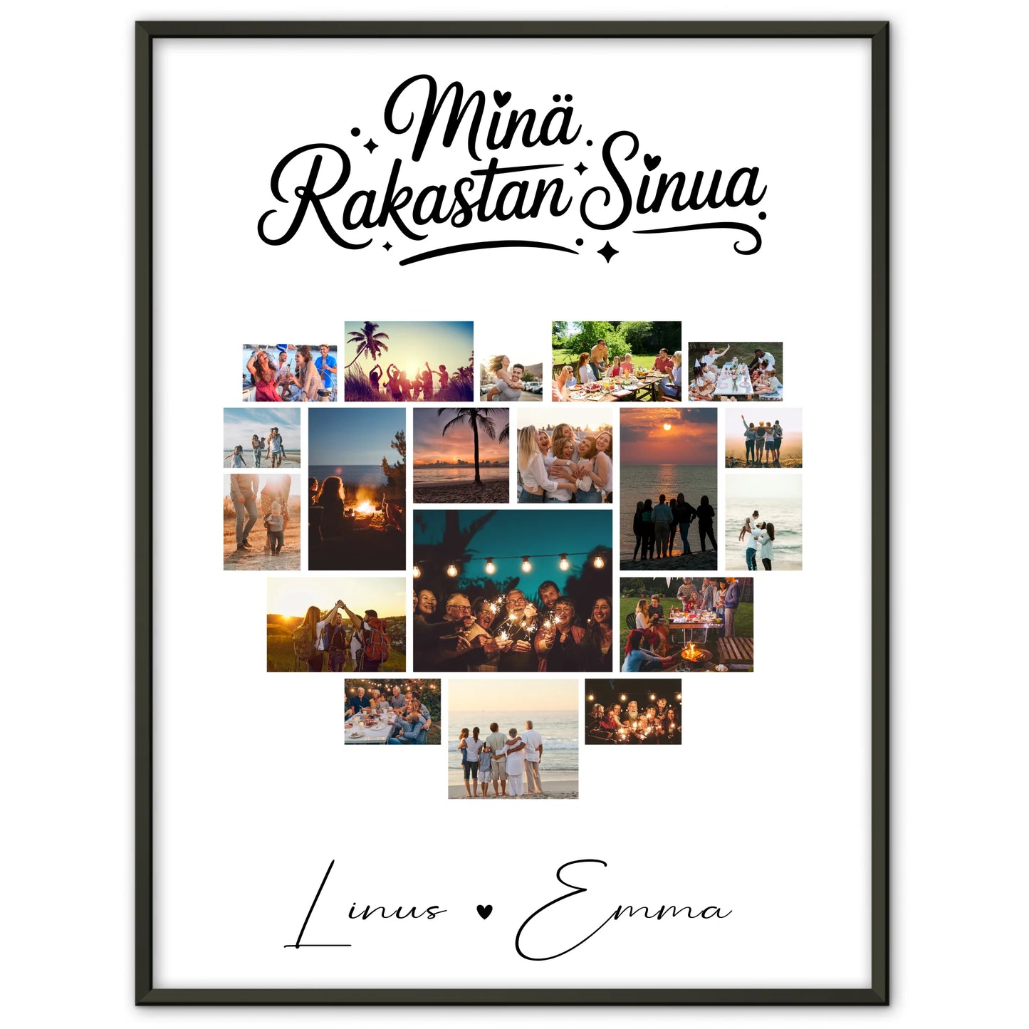 Pärchen Poster Personalisiert für Paare mit 19 Herz Fotos Finnisch