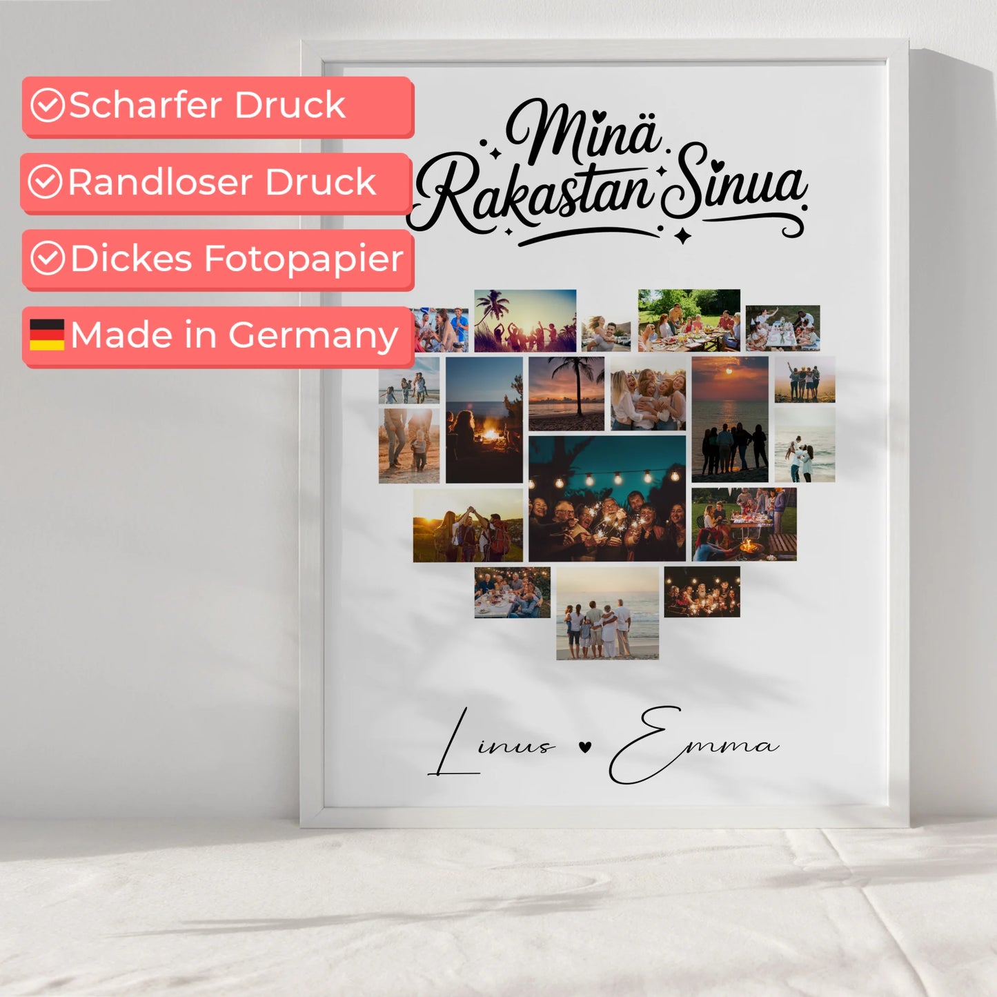 Pärchen Poster Personalisiert für Paare mit 19 Herz Fotos Finnisch