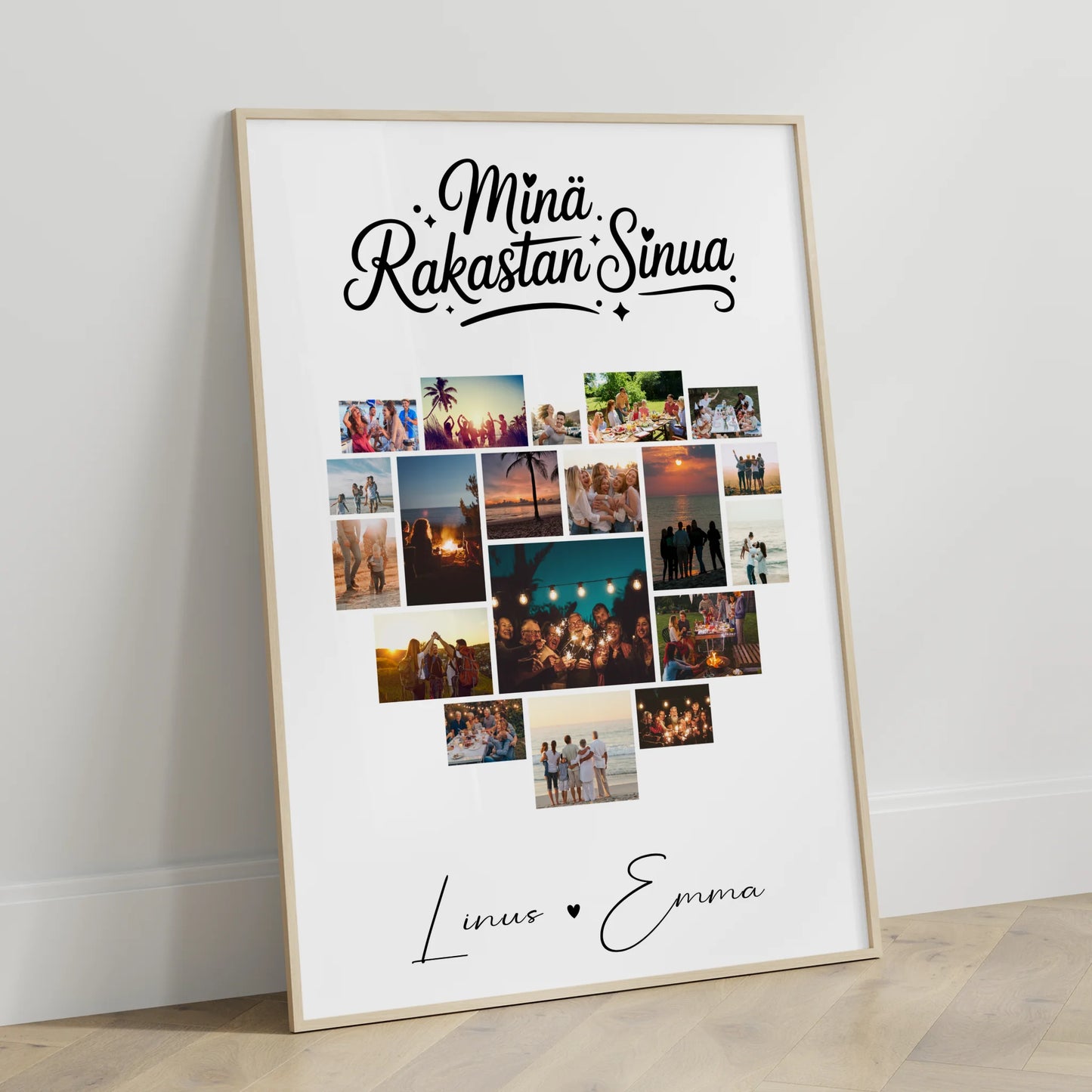 Pärchen Poster Personalisiert für Paare mit 19 Herz Fotos Finnisch