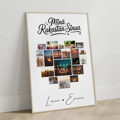 Pärchen Poster Personalisiert für Paare mit 19 Herz Fotos Finnisch
