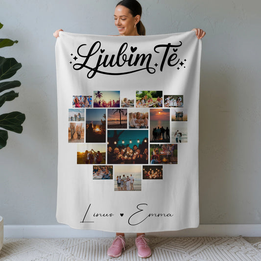 Personalisierte Kuscheldecke Mit Namen Und Motiv Fotocollage für Paare 19 Herz Fotos Ljubim te Liebe auf Slowenisch Geschenk 1